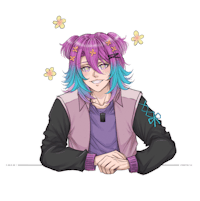 a girl with purple hair and flowers on her head